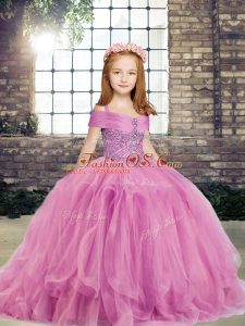 Customized Lilac Tulle Lace Up Straps Sleeveless Floor Length Child Pageant Dress Beading