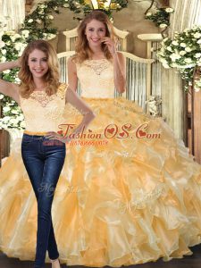 Fabulous Gold Organza Clasp Handle 15th Birthday Dress Sleeveless Floor Length Lace and Ruffles