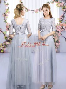 Grey Lace Up Scoop Lace and Belt Quinceanera Court Dresses Tulle Half Sleeves