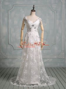 Romantic White Empire Lace V-neck Cap Sleeves Beading and Lace Side Zipper Wedding Gown Brush Train