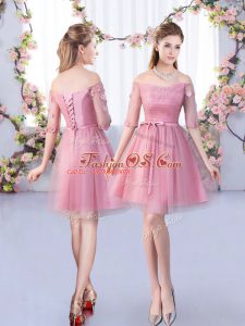 Off The Shoulder Half Sleeves Tulle Wedding Party Dress Lace and Belt Lace Up