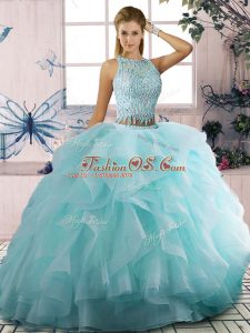 Delicate Aqua Blue Sleeveless Tulle Zipper Quinceanera Dress for Sweet 16