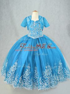 Floor Length Baby Blue Girls Pageant Dresses Spaghetti Straps Sleeveless Lace Up