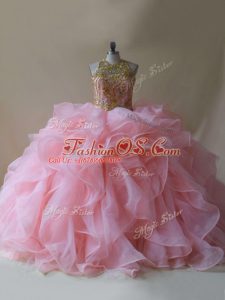 Baby Pink Sleeveless Brush Train Beading and Ruffles Vestidos de Quinceanera