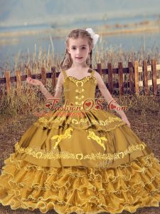 Gold Sleeveless Floor Length Beading and Embroidery and Ruffled Layers Lace Up Little Girl Pageant Gowns