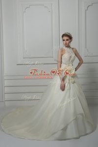 Cheap White Sleeveless Beading and Lace and Hand Made Flower Zipper Bridal Gown