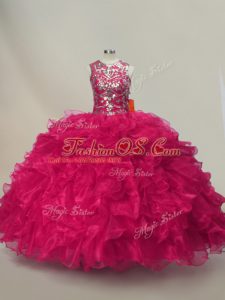 Pretty Hot Pink Ball Gowns Organza Sweetheart Sleeveless Ruffles and Sequins Floor Length Lace Up Sweet 16 Dresses
