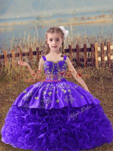 Purple Sleeveless Fabric With Rolling Flowers Sweep Train Lace Up Little Girls Pageant Dress Wholesale for Wedding Party