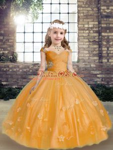 Attractive Sleeveless Beading and Hand Made Flower Lace Up Little Girls Pageant Dress Wholesale