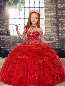 Tulle Sleeveless Floor Length Little Girl Pageant Dress and Beading