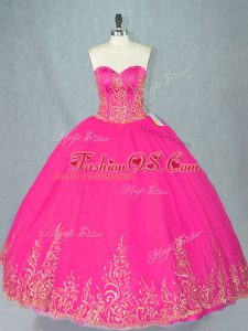 Perfect Fuchsia Ball Gowns Tulle Sweetheart Sleeveless Beading Floor Length Lace Up Quinceanera Gowns