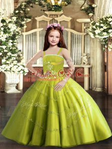 Sleeveless Floor Length Beading Lace Up Pageant Gowns For Girls with Yellow Green