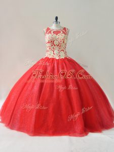 Red Scoop Neckline Beading Quince Ball Gowns Sleeveless Lace Up