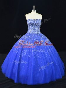 Low Price Royal Blue Strapless Lace Up Beading 15th Birthday Dress Sleeveless