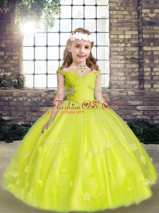 Beading and Hand Made Flower Glitz Pageant Dress Yellow Green Lace Up Sleeveless Floor Length