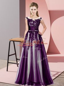 Deluxe Dark Purple Empire Tulle Scoop Sleeveless Beading and Lace Floor Length Zipper Quinceanera Dama Dress