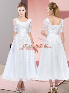 Short Sleeves Lace Up Tea Length Beading and Lace Vestidos de Damas