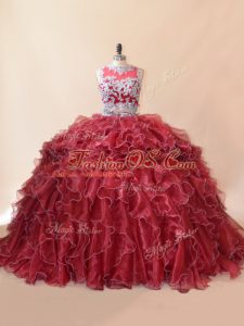 Traditional Red Zipper Sweet 16 Dresses Beading and Lace and Appliques Sleeveless Brush Train