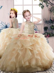 Gorgeous Champagne Ball Gowns Scoop Sleeveless Organza Floor Length Zipper Beading and Ruffles Little Girls Pageant Dress