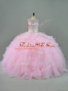 Scoop Sleeveless Tulle 15 Quinceanera Dress Beading and Ruffles Lace Up