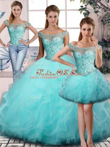 Adorable Tulle Off The Shoulder Sleeveless Lace Up Beading and Ruffles Sweet 16 Dress in Aqua Blue