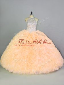 Floor Length Lace Up Sweet 16 Dress Peach for Sweet 16 and Quinceanera with Beading and Ruffles