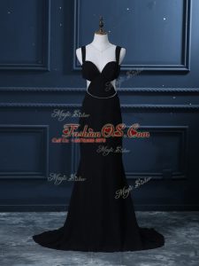 Custom Made Black Chiffon Backless Celebrity Evening Dresses Sleeveless Brush Train Beading