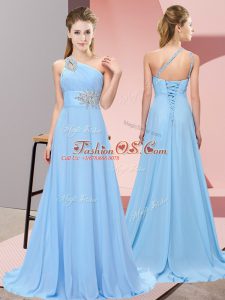 Blue Chiffon Brush Train Sleeveless Beading