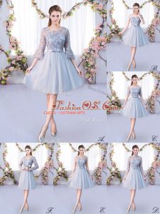 Tulle Scoop 3 4 Length Sleeve Lace Up Lace and Belt Bridesmaid Dresses in Grey
