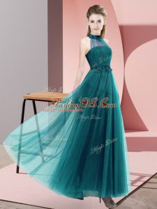 Suitable Teal Lace Up Halter Top Beading and Appliques Quinceanera Court Dresses Tulle Sleeveless