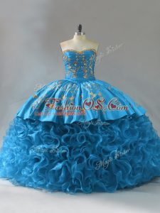 Brush Train Ball Gowns Quince Ball Gowns Blue Sweetheart Fabric With Rolling Flowers Sleeveless Lace Up
