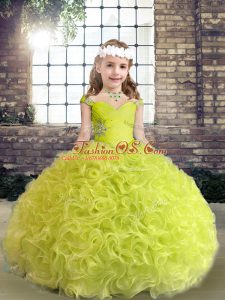 Fabric With Rolling Flowers Sleeveless Floor Length Pageant Dress for Girls and Beading and Ruffles