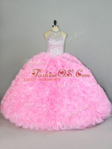 Dazzling Baby Pink Halter Top Neckline Beading and Ruffles Sweet 16 Dresses Sleeveless Lace Up