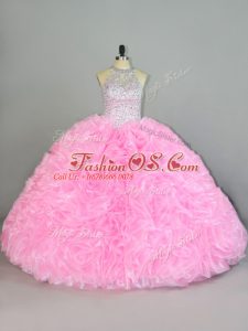 Dazzling Baby Pink Halter Top Neckline Beading and Ruffles Sweet 16 Dresses Sleeveless Lace Up
