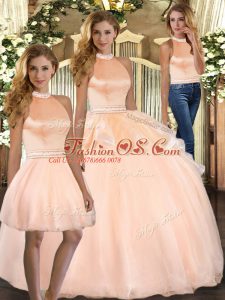 Halter Top Sleeveless Vestidos de Quinceanera Floor Length Beading Peach Organza