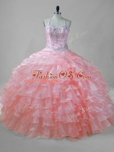 Pink Halter Top Lace Up Beading and Ruffled Layers Sweet 16 Quinceanera Dress Sleeveless