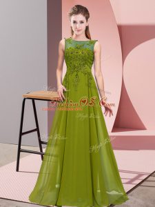 Olive Green Empire Scoop Sleeveless Chiffon Floor Length Zipper Beading and Appliques Quinceanera Dama Dress