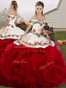 Superior Floor Length Lace Up Quinceanera Dress White And Red for Military Ball and Sweet 16 and Quinceanera with Embroidery and Ruffles