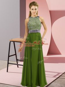 Luxurious Floor Length Side Zipper Ball Gown Prom Dress Olive Green for Prom and Party and Military Ball with Beading
