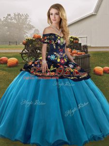 Blue And Black Tulle Lace Up Off The Shoulder Sleeveless Floor Length Quinceanera Gowns Embroidery