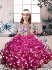 Fuchsia Lace Up Pageant Dresses Beading and Ruffles Sleeveless Floor Length
