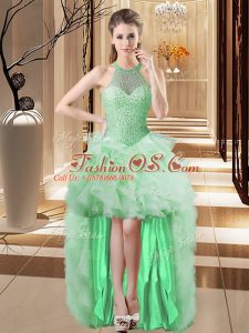 Custom Design Apple Green Sleeveless High Low Beading and Ruffles Lace Up Prom Gown