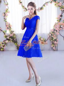 Royal Blue Cap Sleeves Lace Mini Length Vestidos de Damas