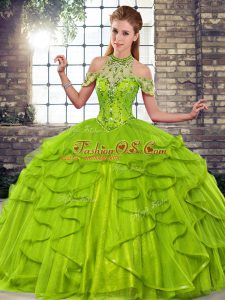 Discount Olive Green Tulle Lace Up Quinceanera Gown Sleeveless Floor Length Beading and Ruffles
