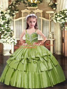 Olive Green Ball Gowns Beading and Ruffled Layers Kids Pageant Dress Lace Up Taffeta Sleeveless Floor Length