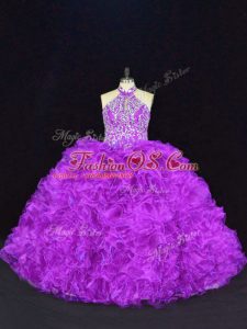 Inexpensive Purple Halter Top Lace Up Beading and Ruffles 15th Birthday Dress Sleeveless