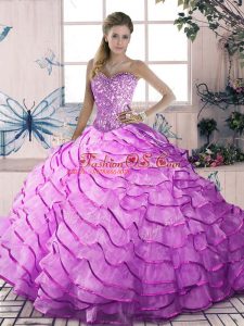 Sumptuous Lilac Ball Gowns Sweetheart Sleeveless Organza Brush Train Lace Up Beading and Ruffles Quince Ball Gowns