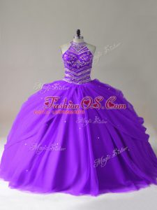 Purple Sweet 16 Dress Sweet 16 and Quinceanera with Beading Halter Top Sleeveless Lace Up