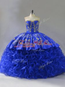Royal Blue Sweetheart Lace Up Embroidery and Ruffles Quinceanera Dresses Sleeveless