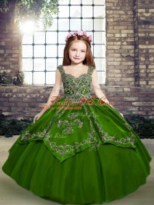 Great Sleeveless Floor Length Beading and Embroidery Lace Up Kids Formal Wear with Green